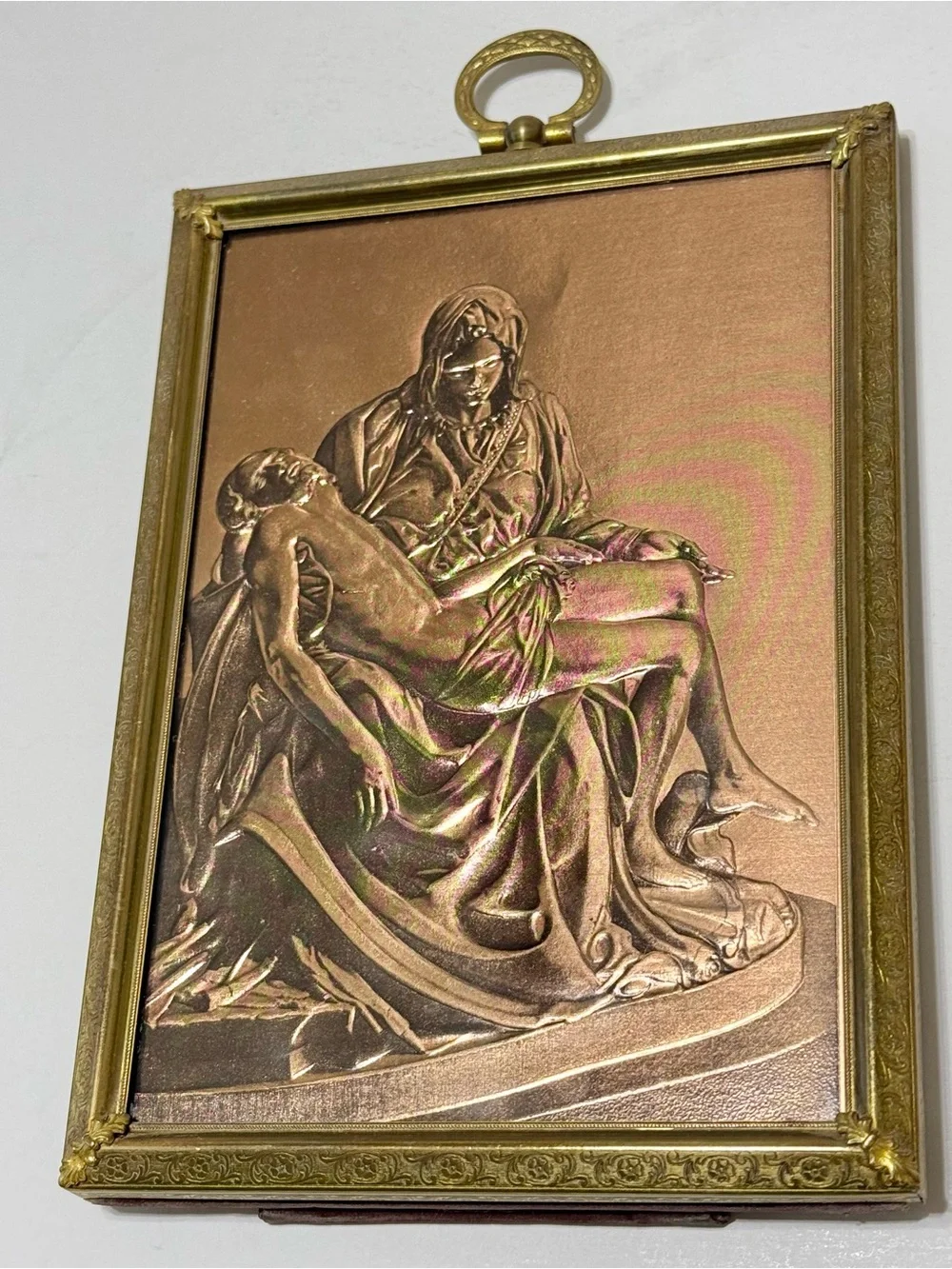Vintage Michelangelo Pietà Copper Relief Wall Plaque Brass Frame Religious Art
